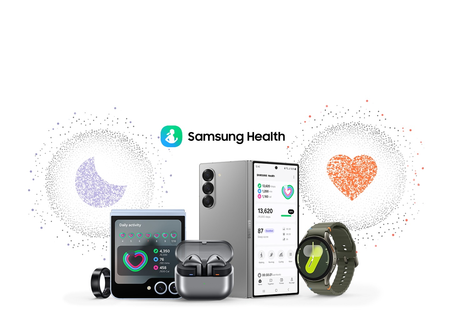 A view of the Galaxy Ring, Galaxy Z Flip6, Galaxy Buds3, Galaxy Z Fold6 and Galaxy Watch7 with text and the Samsung Health logo. The app's dotted icons representing sleep and heart are seen hovering over the devices.