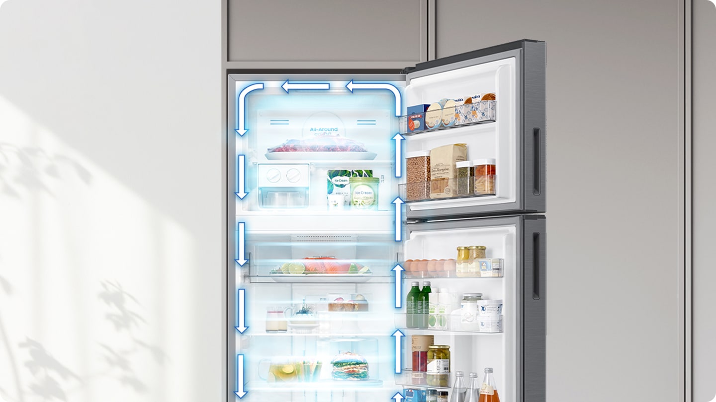 The refrigerator door is open to reveal the interior and the arrows indicate that cool air is circulating throughout.