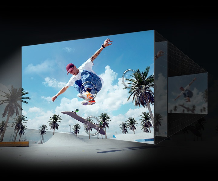 Layered screens depict 4K Upscaling at work. Light ripples through the layered screens to optimize the picture at the forefront. The details of a palm tree, skateboard and shoes of a skateboarder in a scene are upscaled to great clarity.