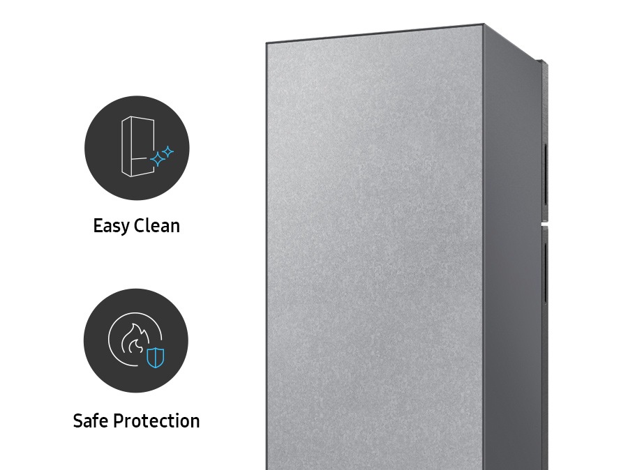 There are Easy Clean and Safe Protection icons. There is a back view of the refrigerator.