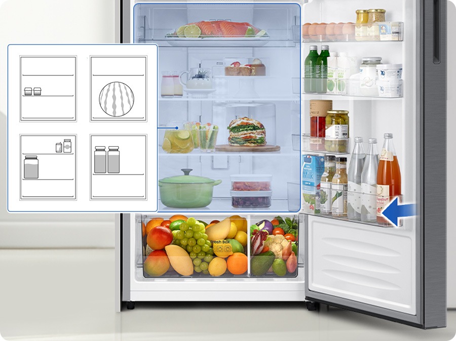 Adjustable Shelves can be removed or repositioned to easily fit items of different sizes - tall bottles, giant watermelons, and small bottles, without wasting space. Guard shelf in the door can store big bottles.