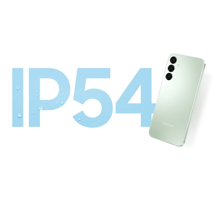 يظهر نص كبير يقول "IP54" مع قطرات ماء داخل الحروف. ويظهر منظر خلفي لجهاز Galaxy A16 باللون Light Green وهو قائم على اليمين.