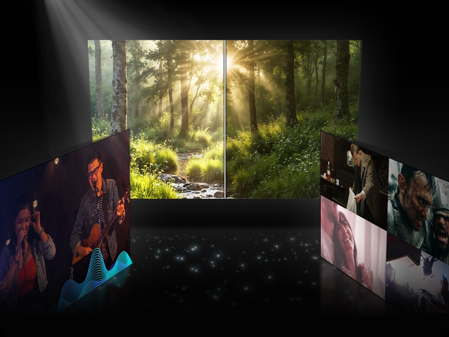 Three TV screens showing how AI Mode customizes the picture and audio settings for different types of content.