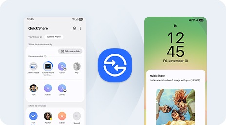 The left phone's screen lists files and contacts available for sharing, while the right phone displays a notification for an incoming 'Quick Share' transfer with a preview of shared images, Quick Share icon in the center.