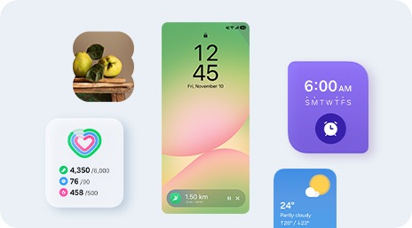 A smartphone lock screen showing Samsung Health Running tracker in the Now Bar at the bottom of the screen, with widgets for Gallery, Daily Activity, Alarm and Weather shown around the screen.