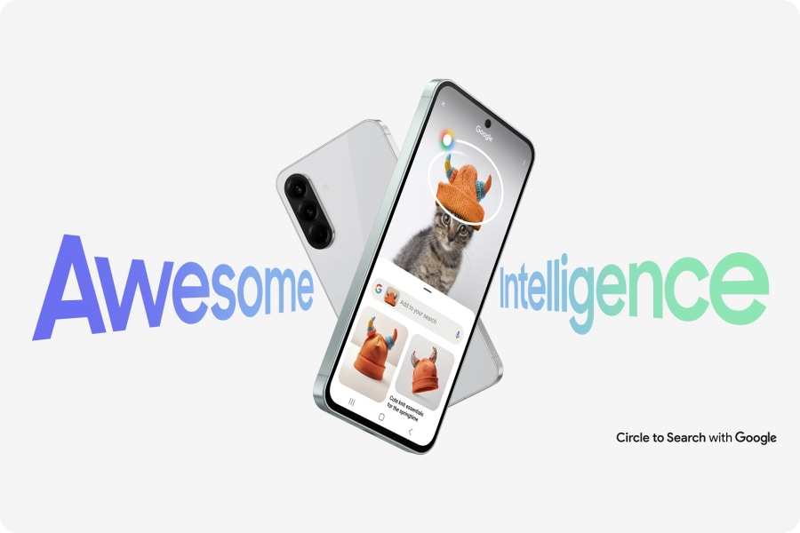 Two Galaxy A56 5G devices turning to form an X shape with Awesome Intelligence. The one in the front is displaying a cat with a hat. The hat is circled with Circle to Search feature and Google search result appears to show similar hats. Text Circle to Search with Google appears at the bottom right.