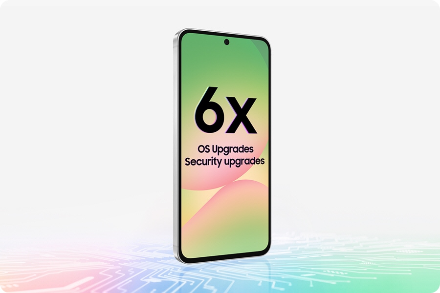 Galaxy A56 5G comes down. Text 6x OS Upgrades is onscreen. As the smartphone touches the bottom, chipset-like design appears.