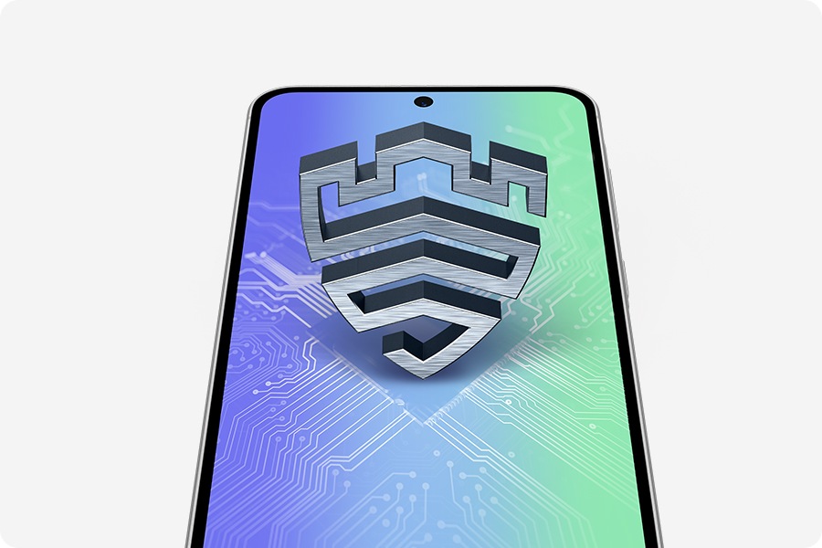 Galaxy A56 5G placed vertically facing the front, slightly tilted. Samsung Knox Vault icon is standing upright on the screen. Display illustrates the inside of a smartphone with a processor in the middle.