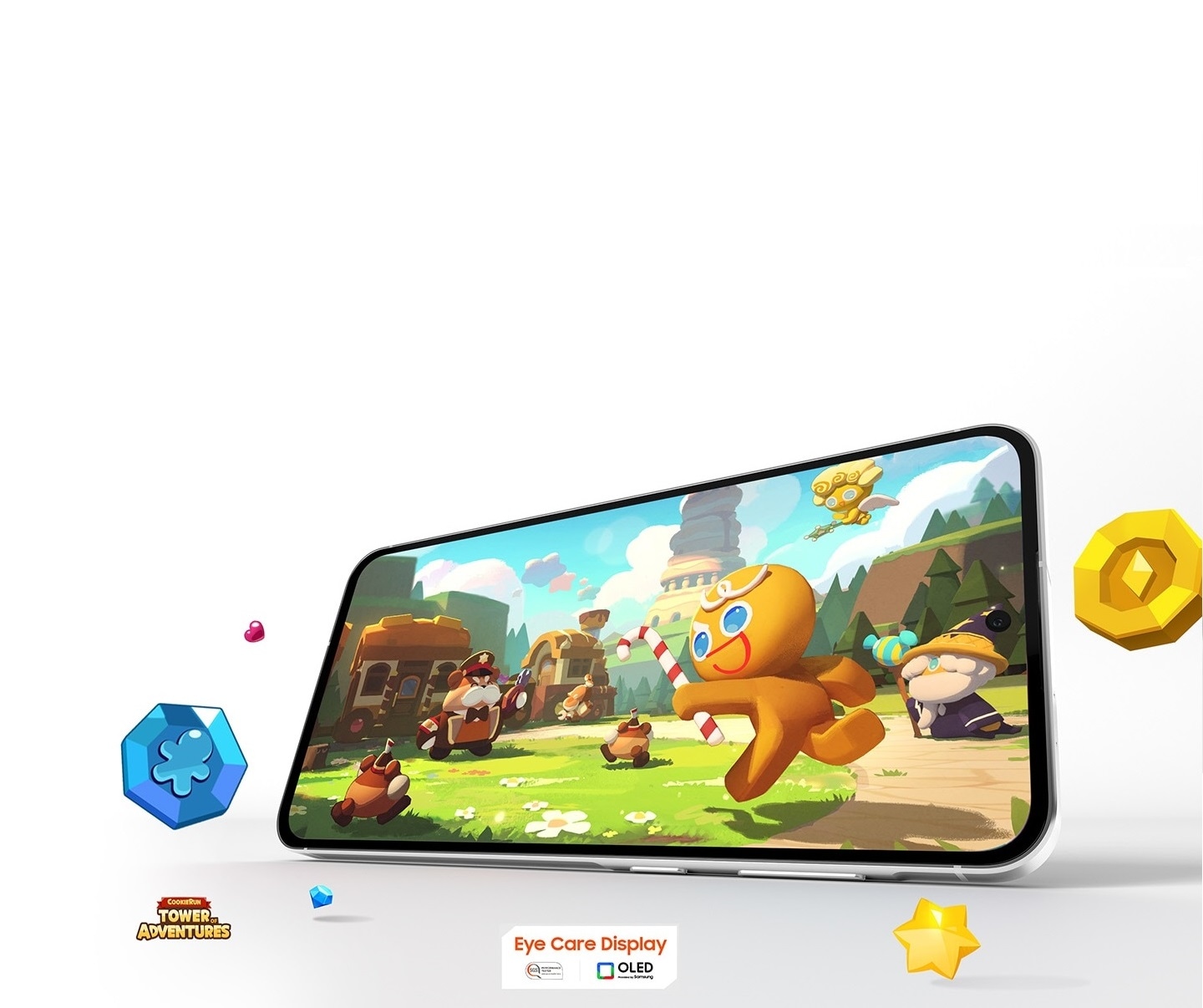 Galaxy A56 5G placed horizontally. CookieRun: Tower of Adventures is onscreen. Game items are randomly placed outside of the screen. Text Eye Care Display, SGS performance mark and OLED technology logo are at the bottom. CookieRun: Tower of Adventures logo is at the bottom.