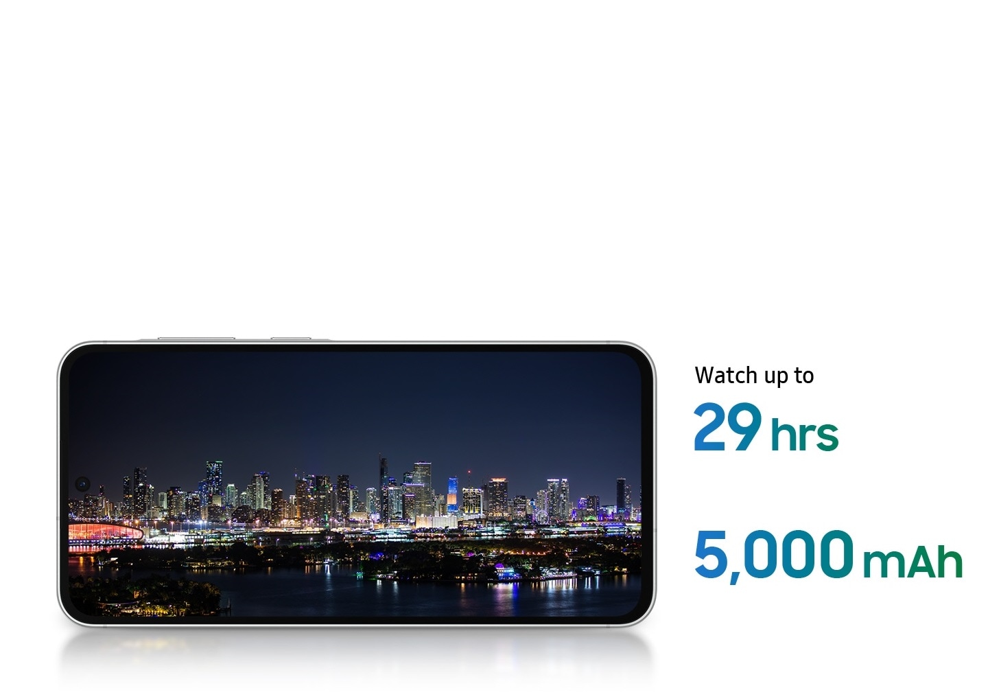 Galaxy A56 5G placed horizontally. A night view of a river and tall buildings onscreen. Text Watch up to 29 hours and 5,000 milliampere-hour can be seen.
