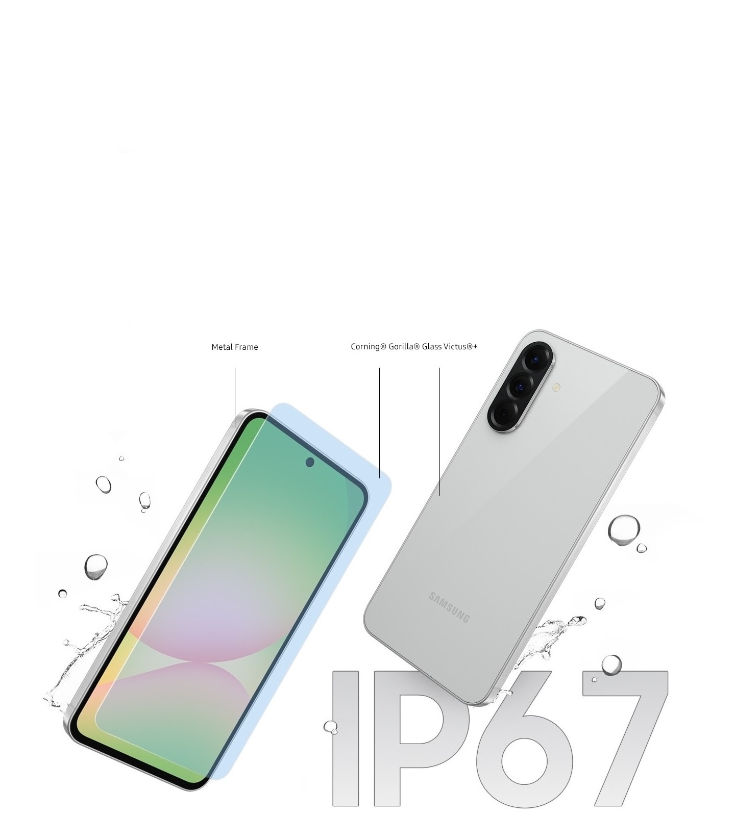 Two Galaxy A56 5G devices can be seen. The one on the left is in a slightly tilted front view. Text Metal Frame can be seen. Glass layer in front of the screen. Text Corning registered Gorilla registered Glass Victus registered plus can be seen between the front and back glass. The device on the right is in a slightly tilted rear view. In the background are splashes of water to indicate durability with IP67 typography.