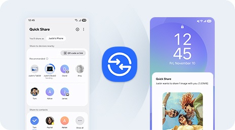 تعرض شاشة الهاتف الأيسر الملفات وجهات الاتصال المتاحة للمشاركة، بينما يعرض الهاتف الأيمن إشعاراً بشأن نقل وارد بواسطة "Quick Share" مع معاينة للصور المشارَكة، وأيقونة Quick Share في المنتصف.