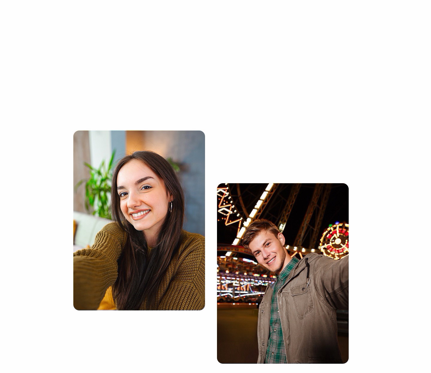 صورة سيلفي لسيدة في مكان داخلي. صورة سيلفي لرجل في مكان خارجي بالليل. صورة سيدة تجلس في مكان داخلي تقرأ بجوار نافذة. يظهر خط على الشاشة يشطرها إلى جزأين للمقارنة بين صورة التُقطت في إضاءة خافتة على اليسار وصورة التُقطت في ظروف الإضاءة الساطعة على اليمين.