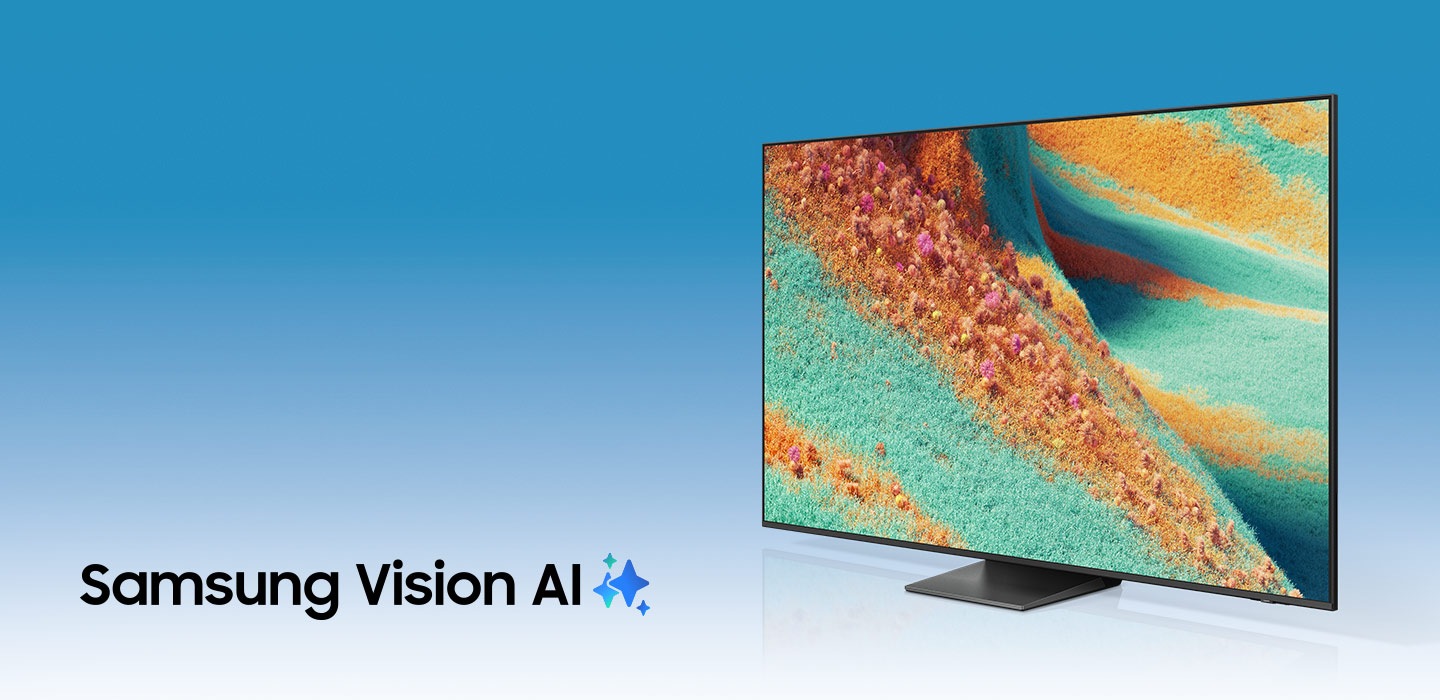 يعرض تلفاز Samsung Vision AI شاشة فارغة ثم تظهر فجأة مشاهد طبيعية خيالية بألوان خضراء وبرتقالية زاهية.