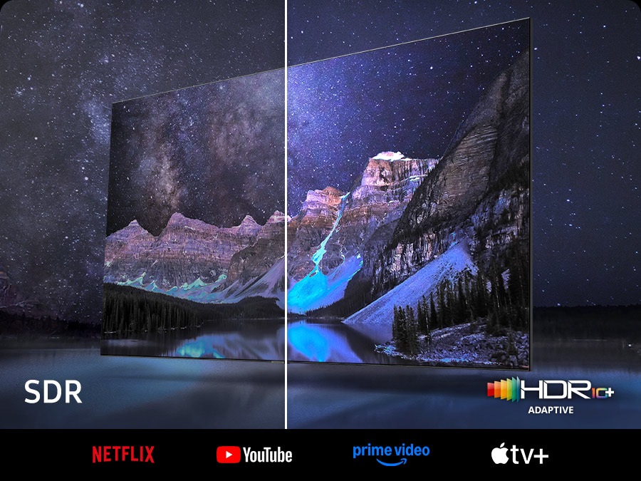 Neo QLED TV is displaying mountains and a starry night. The scene after applying HDR 10+ ADAPTIVE technology is much brighter and crisper than the SDR version.