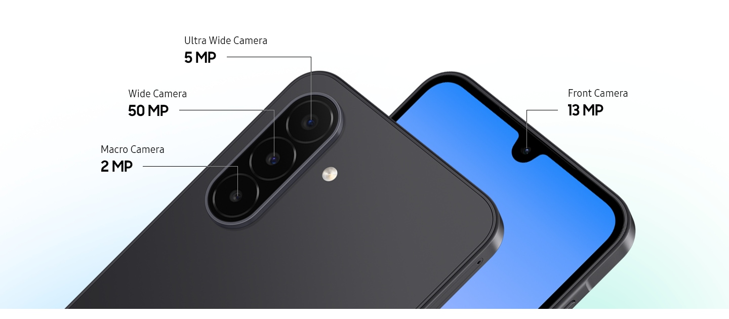 Two Galaxy A18 devices. One viewed from the back, showcasing the 5 MP Ultra Wide Camera, 50 MP Wide Camera and 2 MP Macro Camera. The other viewed from the front, highlighting the 13 MP Front Camera.