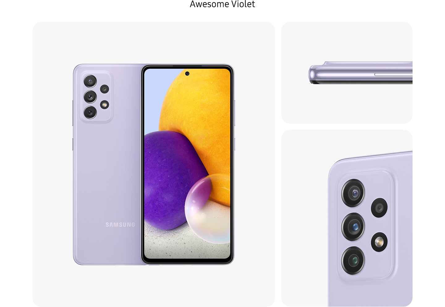 Galaxy A72, in AWESOME purple, appears displayed from multiple angles to show the design: from the back, front, sides and focus on the rear camera.