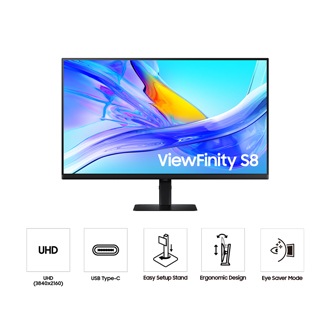 Front of ##inch Samsung ViewFinity S80UD with blue wave on screen, and five icons for features about UHD, USB Type-C, easy setup stand, ergonomic design, and eye saver mode.