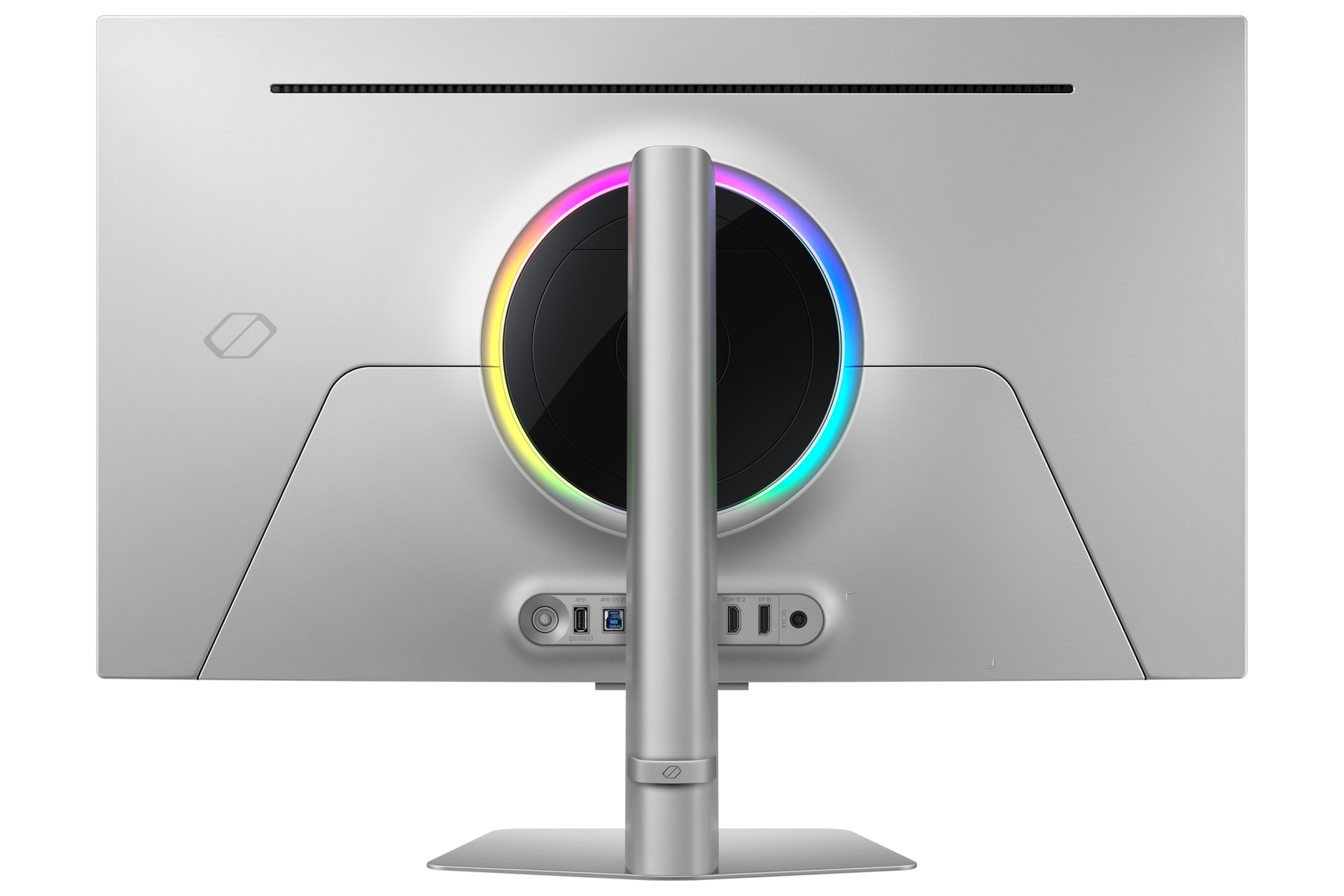 شاشة ألعاب Odyssey OLED G8 طراز G81SF مقاس 32 بوصة بدقة 4K ومعدل تحديث 240 هرتز باللون الفضي معروضة من الخلف1