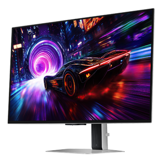 شاشة ألعاب Odyssey OLED G8 طراز G81SF مقاس 32 بوصة بدقة 4K ومعدل تحديث 240 هرتز باللون الفضي معروضة من منظور أيمن 