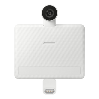 شاشة ذكية من الفئة M8 طراز M80F مقاس 32 بوصة بدقة 4K مع تقنية Samsung Vision AI باللون الأبيض مع إظهار كاميرا الويب من الأمام