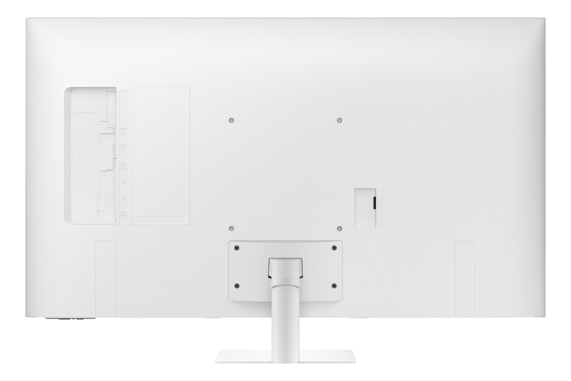 شاشة ذكية من الفئة M7 طراز M70F مقاس 43 بوصة بدقة 4K مع تقنية Samsung Vision AI باللون الأبيض معروضة من الخلف 