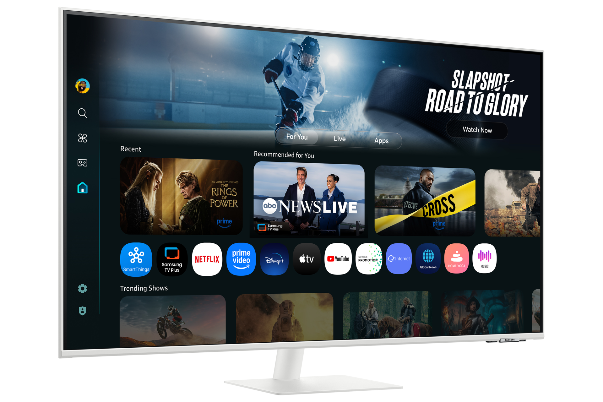 شاشة ذكية من الفئة M7 طراز M70F مقاس 43 بوصة بدقة 4K مع تقنية Samsung Vision AI باللون الأبيض معروضة من منظور أيسر 