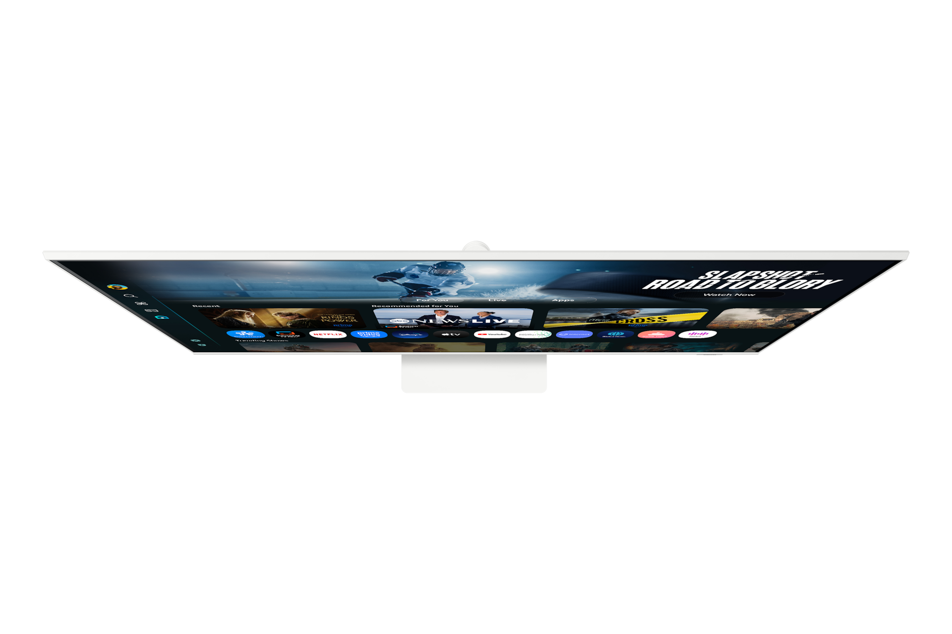 شاشة ذكية من الفئة M7 طراز M70F مقاس 43 بوصة بدقة 4K مع تقنية Samsung Vision AI باللون الأبيض معروضة من الأعلى 