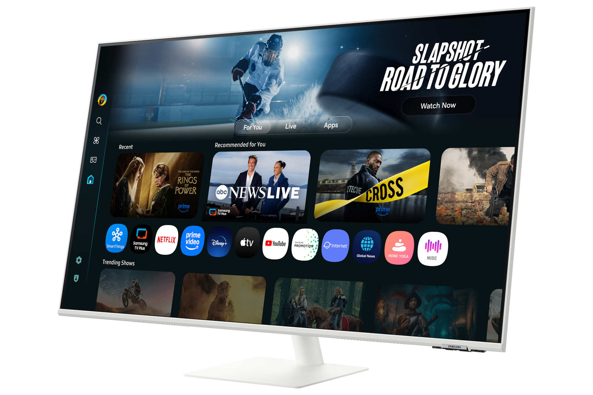 شاشة ذكية من الفئة M7 طراز M70F مقاس 43 بوصة بدقة 4K مع تقنية Samsung Vision AI باللون الأبيض معروضة بزاوية ديناميكية سفلية 