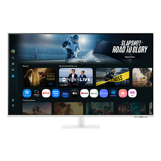 شاشة ذكية من الفئة M7 طراز M70F مقاس 43 بوصة بدقة 4K مع تقنية Samsung Vision AI باللون الأبيض معروضة من الأمام2 
