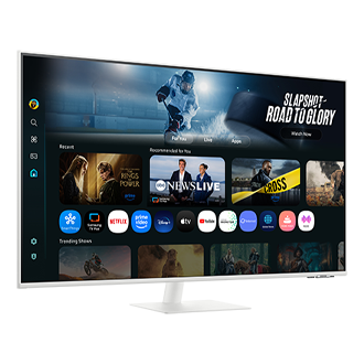 شاشة ذكية من الفئة M7 طراز M70F مقاس 43 بوصة بدقة 4K مع تقنية Samsung Vision AI باللون الأبيض معروضة من منظور أيسر 