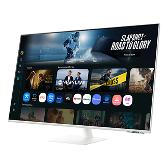 شاشة ذكية من الفئة M7 طراز M70F مقاس 43 بوصة بدقة 4K مع تقنية Samsung Vision AI باللون الأبيض معروضة بزاوية ديناميكية سفلية 