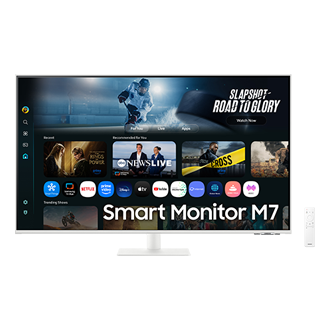 شاشة ذكية من الفئة M7 طراز M70F مقاس 43 بوصة بدقة 4K مع تقنية Samsung Vision AI باللون الأبيض معروضة من الأمام 