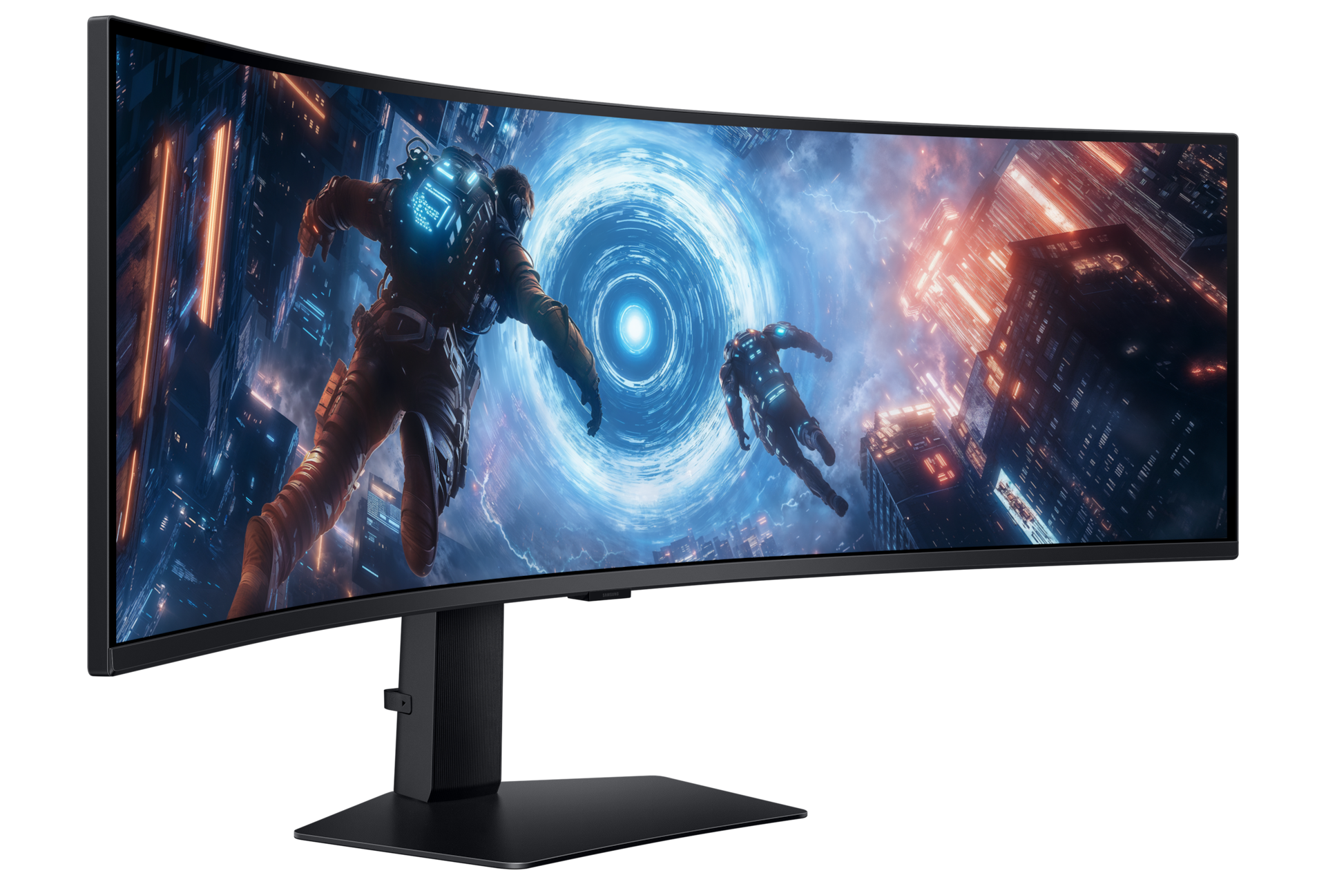 شاشة ألعاب Odyssey G9 طراز G91F مقاس 49 بوصة بدقة DQHD ومعدل تحديث 144 هرتز باللون الأسود معروضة من منظور أيسر 