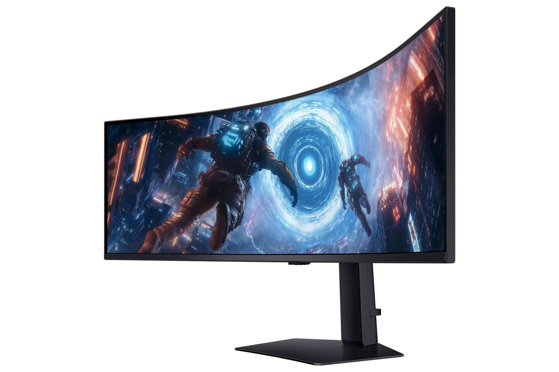 شاشة ألعاب Odyssey G9 طراز G91F مقاس 49 بوصة بدقة DQHD ومعدل تحديث 144 هرتز باللون الأسود معروضة بزاوية ديناميكية يُمنى 