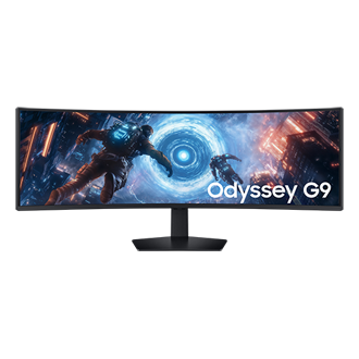 شاشة ألعاب Odyssey G9 طراز G91F مقاس 49 بوصة بدقة DQHD ومعدل تحديث 144 هرتز باللون الأسود معروضة من الأمام 