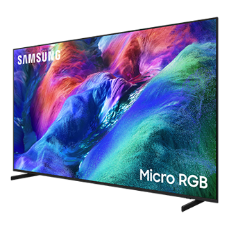 تلفزيون ذكي Micro RGB طراز R85H مقاس {size} بوصة بدقة 4K معزز بتقنية Samsung Vision AI (إصدار عام 2026) بلون أسود تيتانيوم من منظور أيمن2 