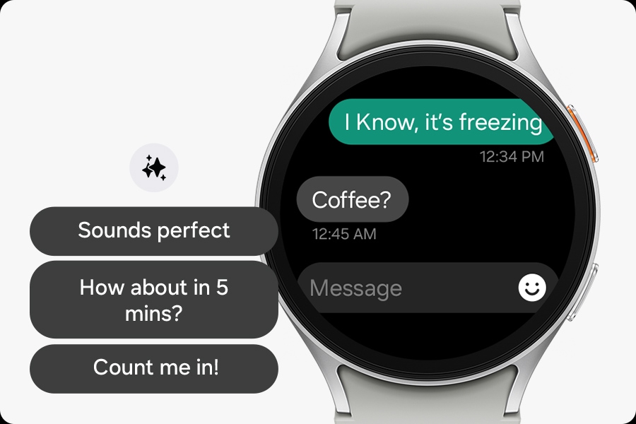 Galaxy Watch7 shows a text message chat. Next to the watch are suggestions for replies to the message accompanied by the Galaxy AI logo.