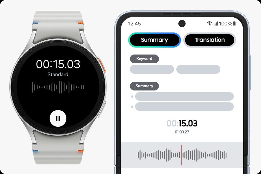 Galaxy Watch7 is shown recording audio, while a paired Samsung Galaxy phone displays the Transcript Assist screen. At the top of the screen, the Summary and Translation buttons appear with the keyword and a summary of the text below them.