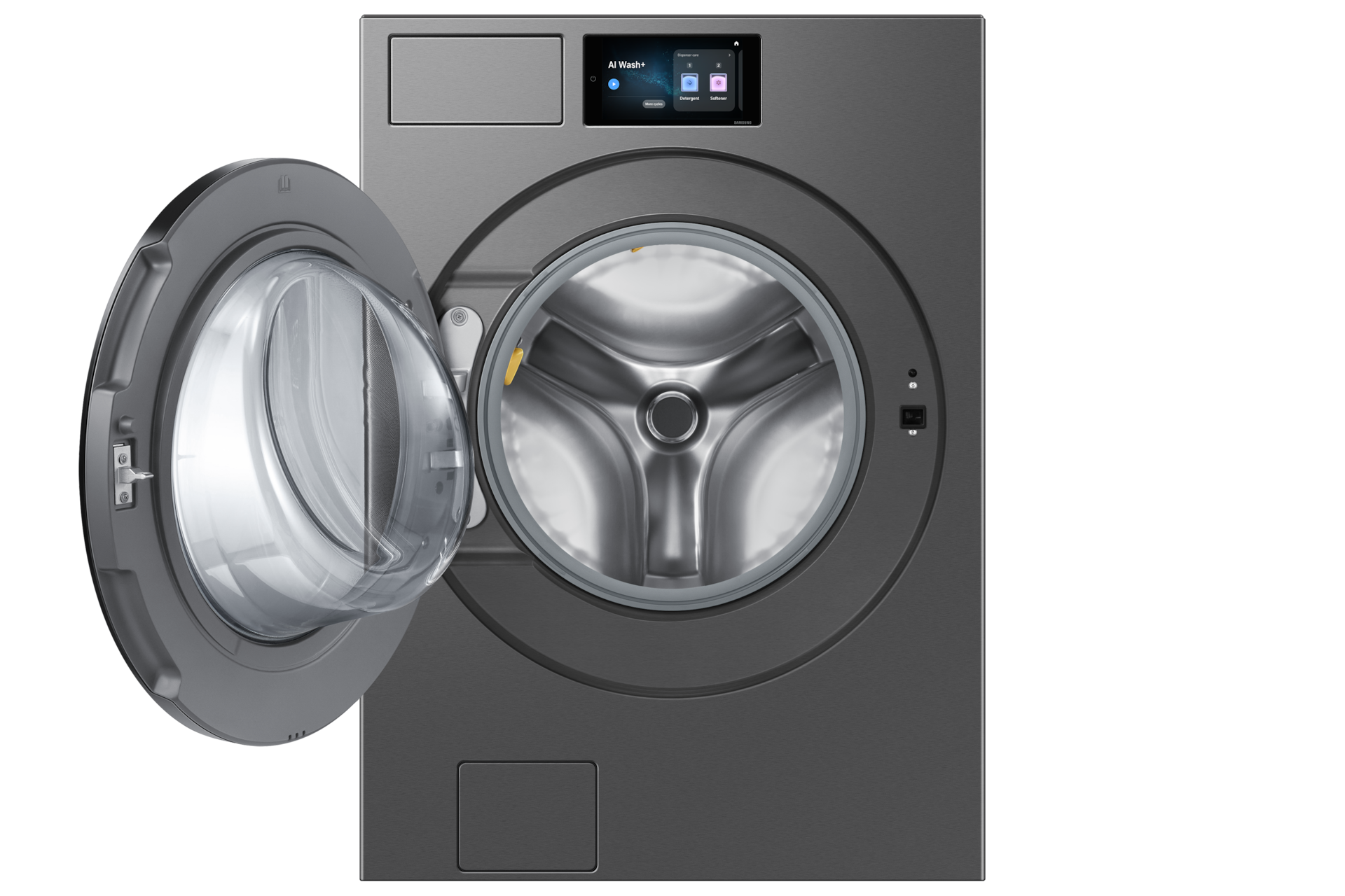 غسالة Bespoke AI Laundry (Combo)  مع خاصية AI Home باللون الرمادي الغامق تظهر مفتوحة من الأمام 