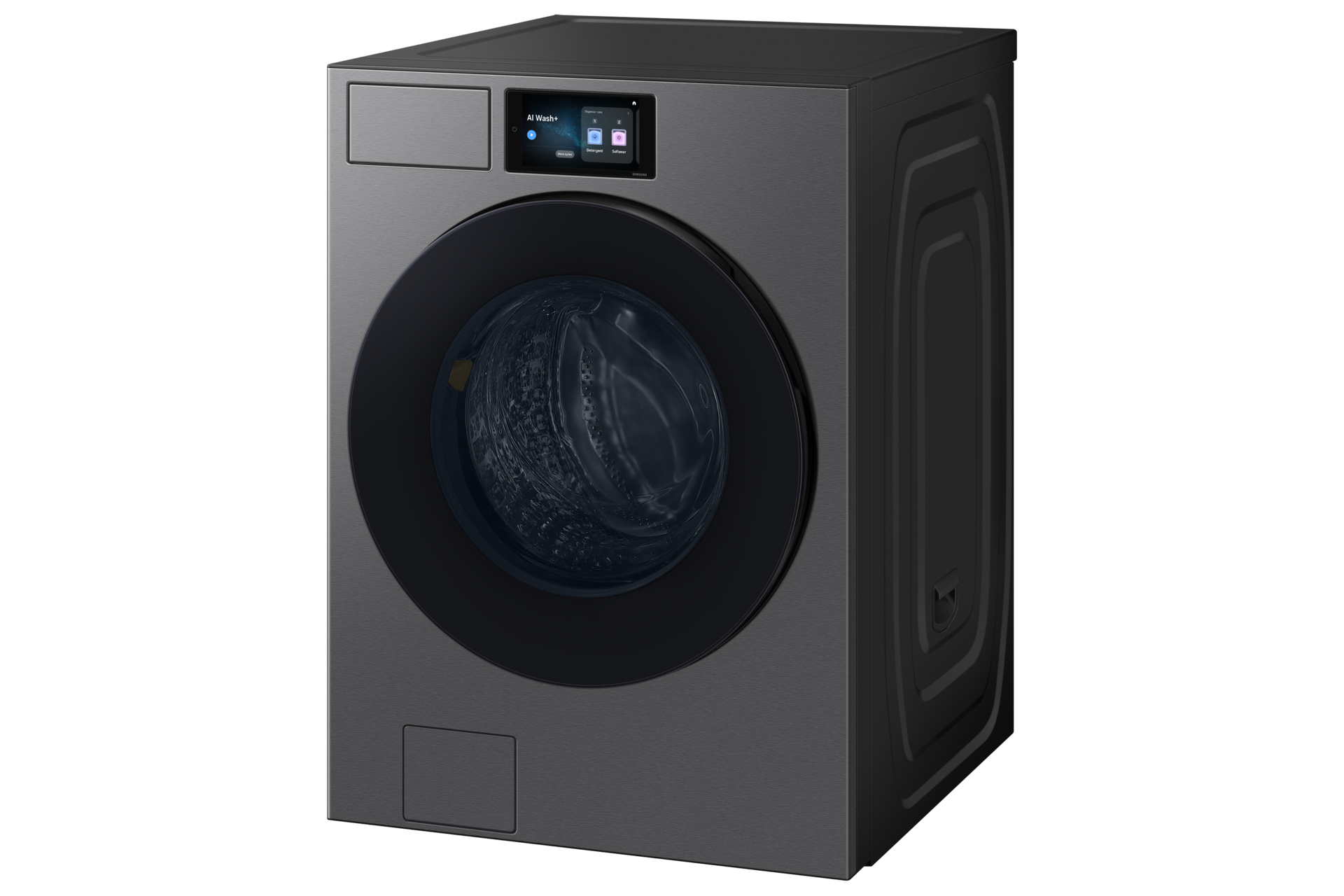 غسالة Bespoke AI Laundry (Combo)  مع خاصية AI Home باللون الرمادي الغامق من منظور أيمن