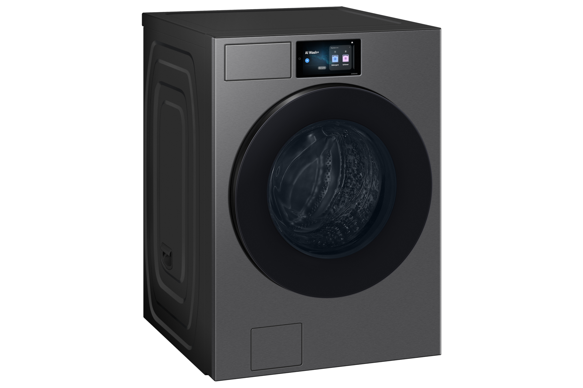 غسالة Bespoke AI Laundry (Combo)  مع خاصية AI Home باللون الرمادي الغامق من منظور أيسر 
