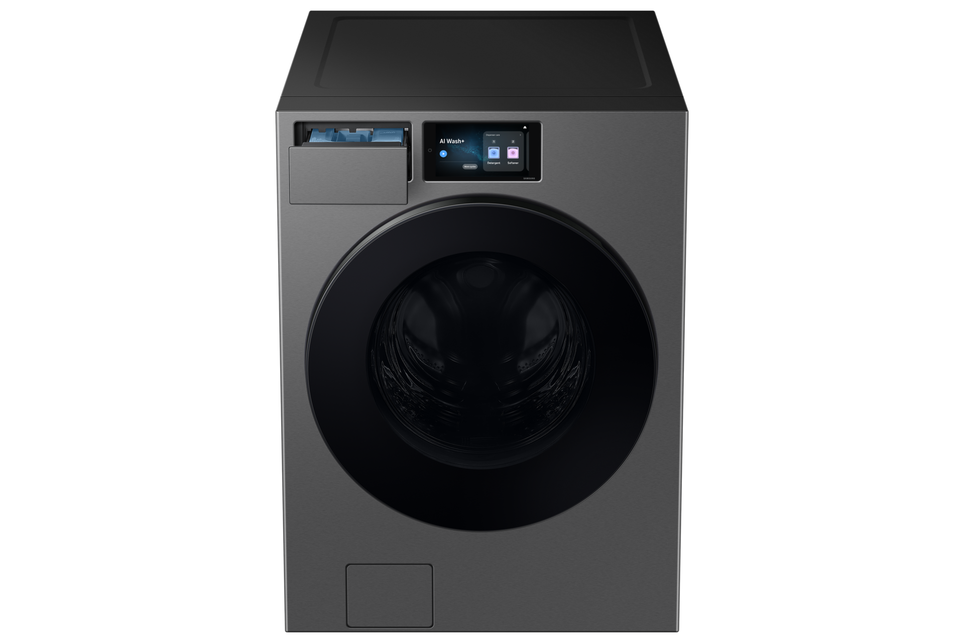 غسالة Bespoke AI Laundry (Combo)  مع خاصية AI Home باللون الرمادي الغامق من منظور أمامي مائل
