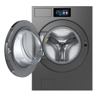 غسالة Bespoke AI Laundry (Combo)  مع خاصية AI Home باللون الرمادي الغامق تظهر مفتوحة من الأمام 