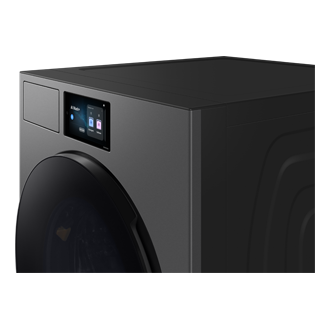 غسالة Bespoke AI Laundry (Combo)  مع خاصية AI Home باللون الرمادي الغامق من منظور أيمن مع إظهار التفاصيل
