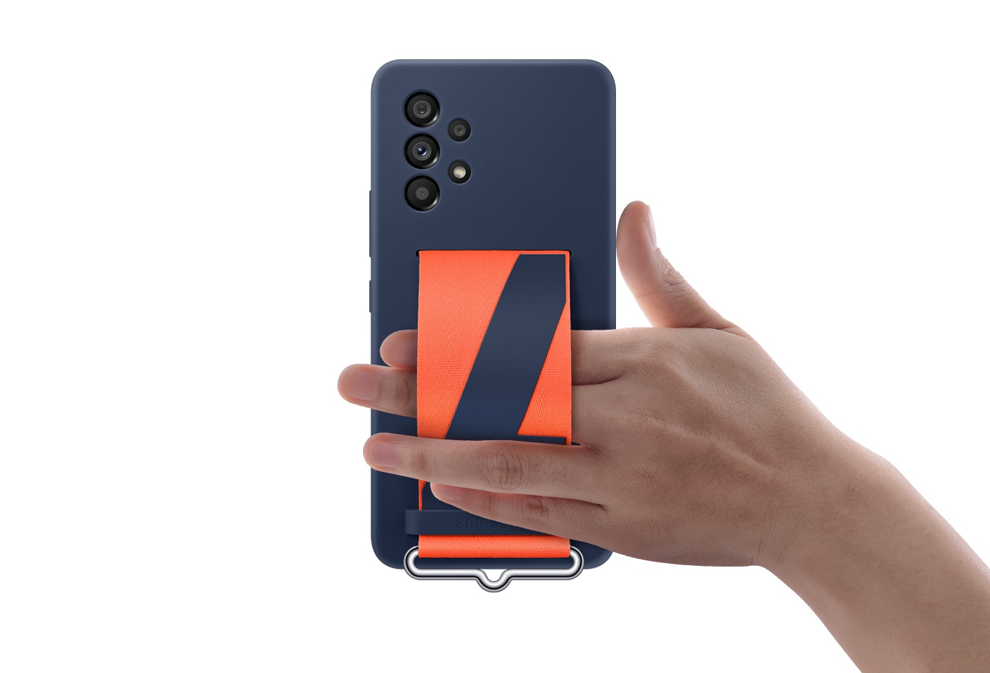The backside of a Galaxy A53 wearing a navy Silicone Cover with strap is shown. A hand is using the strap to comfortably hold the device.