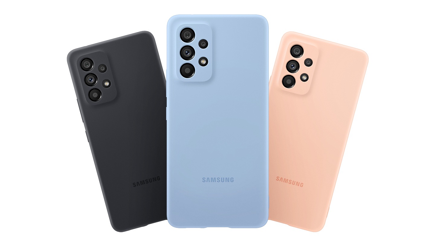 Three Galaxy A53 with Silicone Covers fanned out. Three seen from the rear to show the rear camera and Silicone Cover's colors Black, Blue, Peach.