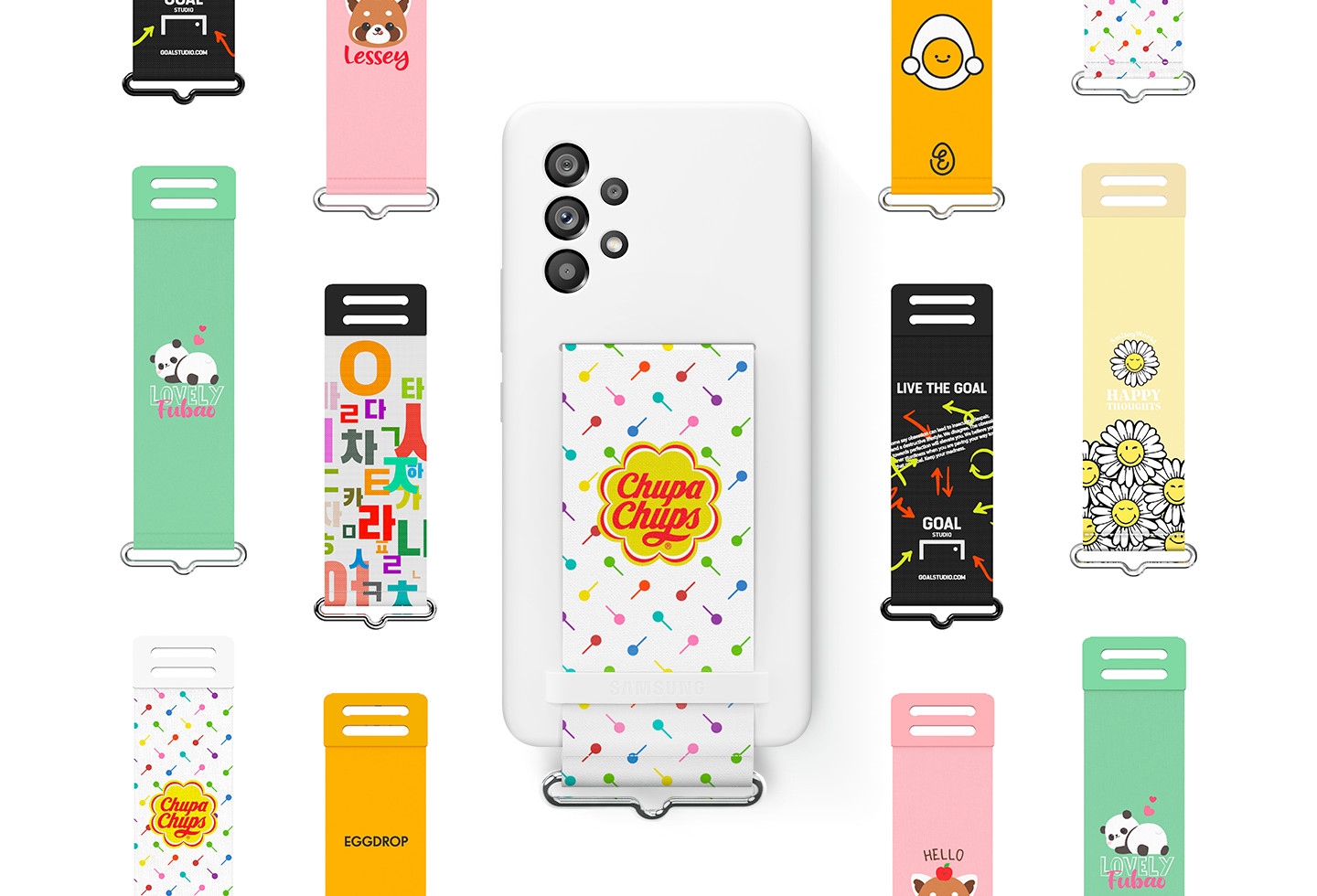 At the center, a Galaxy A53 wearing a white Silicone Cover with a colorful, customized Chupa Chups collaboration strap. Surrounding the device are various other colorful straps that have collaborated with various brands.