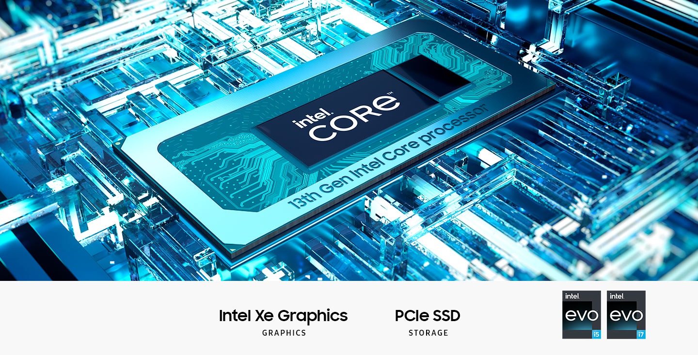 La CPU está en la placa base, con el texto Intel® Core™ en el centro. Gráficos Intel Xe. ALMACENAMIENTO PCIe SSD. Se muestran los logotipos Intel Evo i7 e Intel Evo i5.