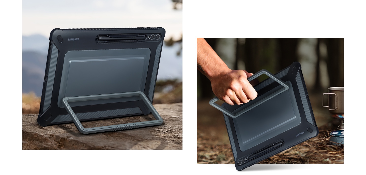 Se muestra un dispositivo Galaxy Tab S9 Ultra cubierto con una funda Outdoor Cover apoyado horizontalmente con un soporte sobre una superficie irregular en las montañas. Al lado, se ve una mano que sujeta el dispositivo con el soporte.